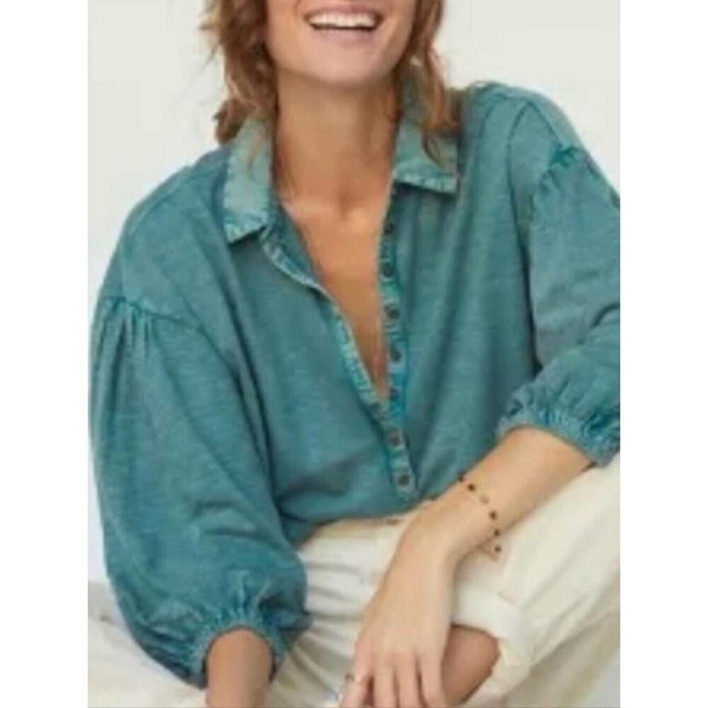 Anthropologie Pilcro Buttoned Balloon Sleeve Blouse Teal Green Knit Henley Top M